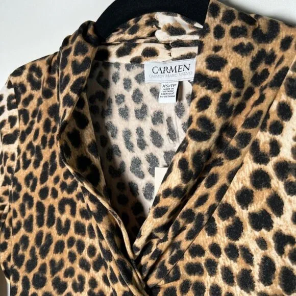 NWT CARMEN MARC VALVO Leopard Cheetah Print Tie V-neck Short Sleeve Blouse Sz XS - Picture 9 of 14
